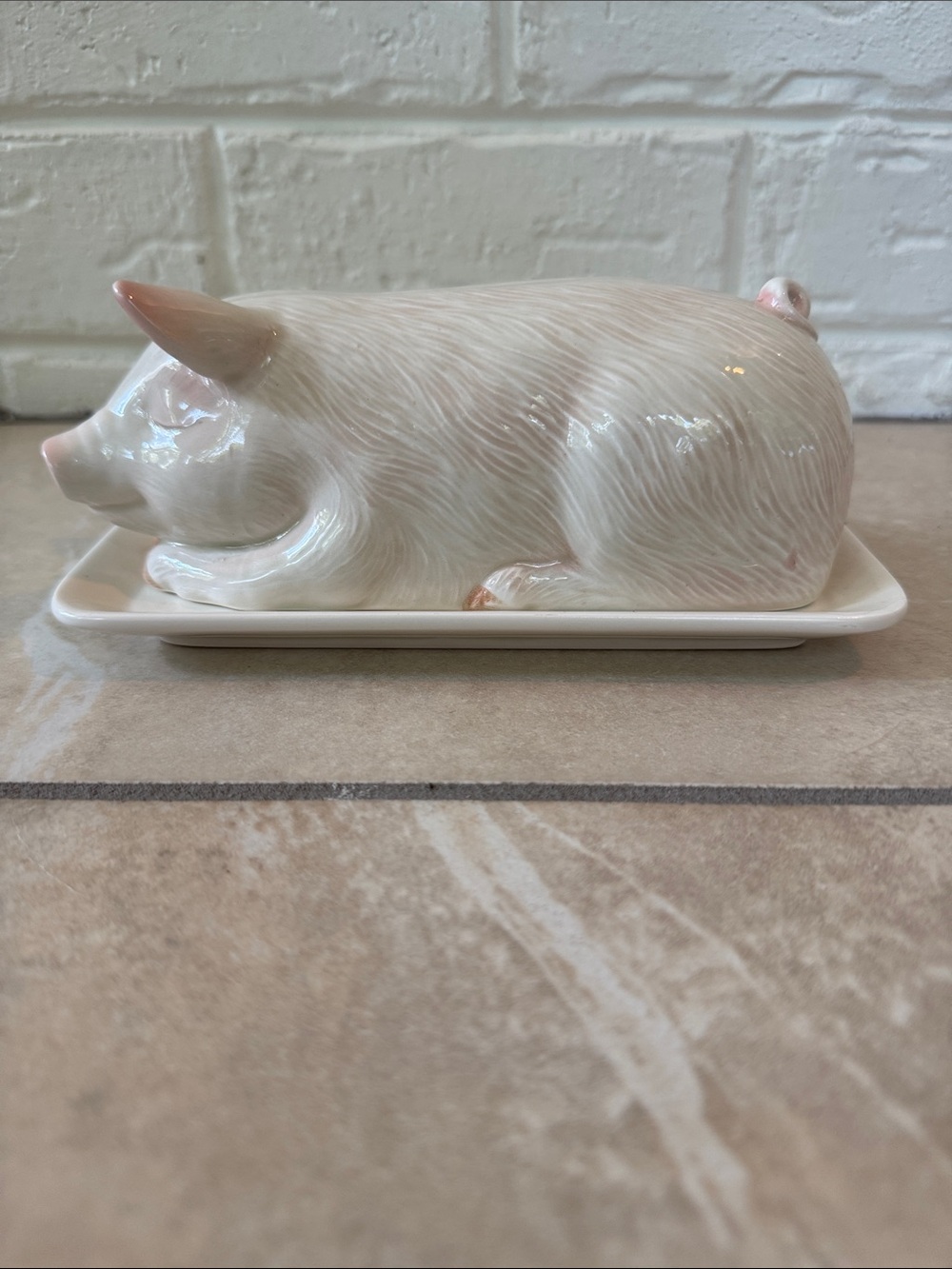 Otagiri Sleeping Pink Pig Covered 7 3/8" Butter Dish Japan Hand-Painted